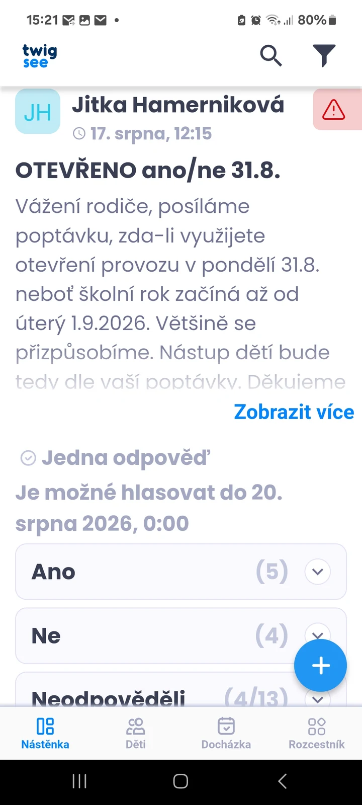 Anketa pro rodiče v aplikaci