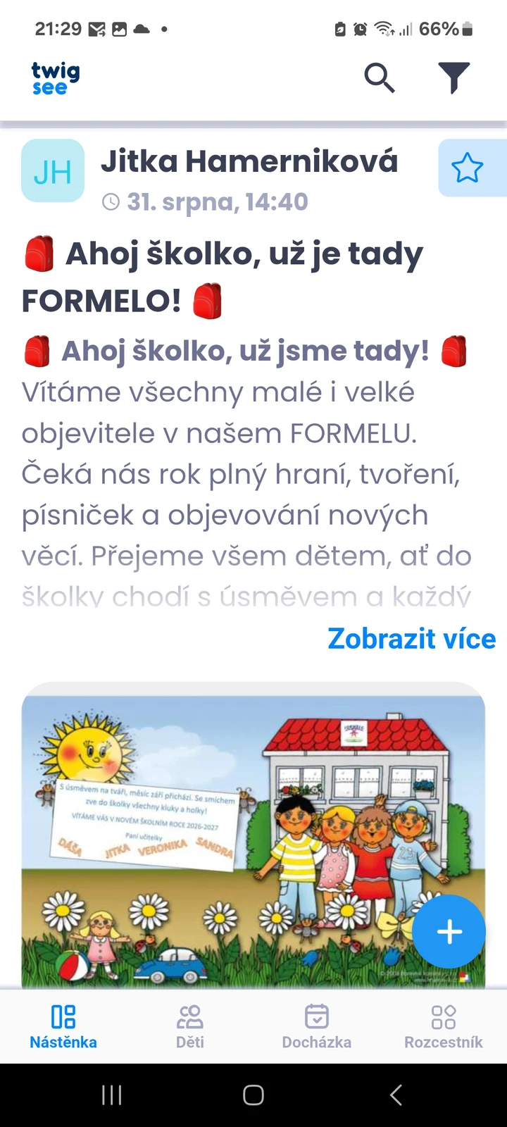 Nástěnka v aplikaci Twigsee s uvítacím příspěvkem